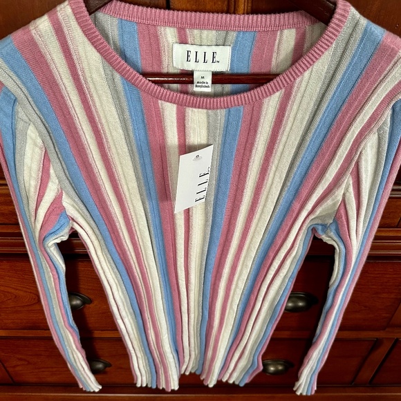 ELLE Women's Long Sleeve Top Pink Blue White Grey Stripes Size M NWT - Picture 4 of 12